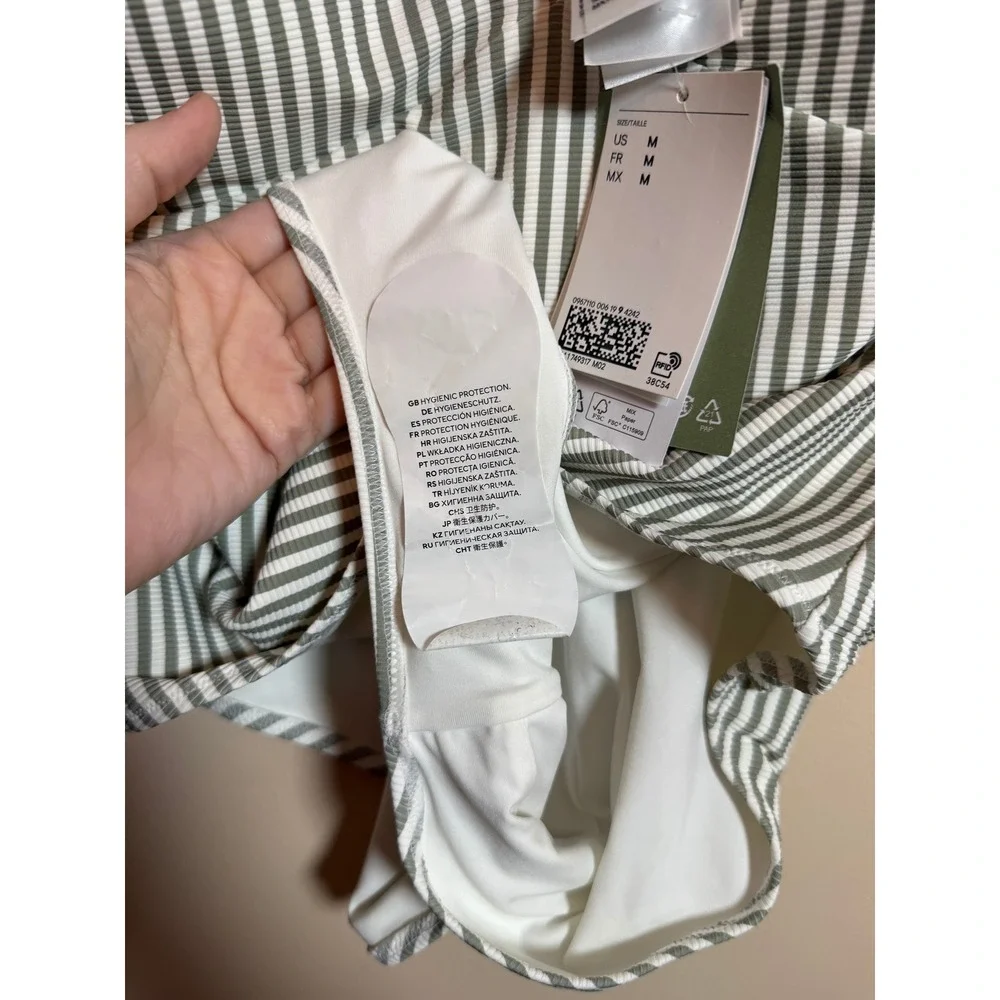 H&M Green White Striped Ribbed One Piece Swimsuit High Leg Tie Shoulder M NEW